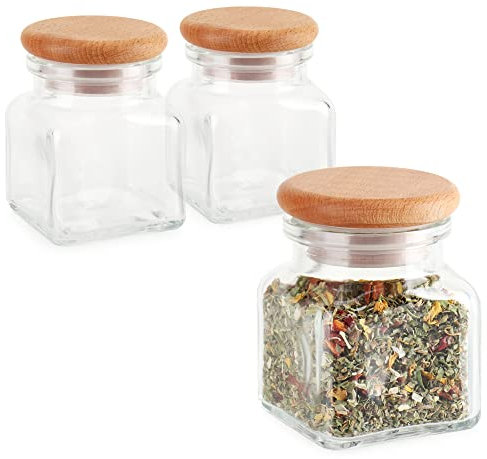 com-four® 3x tarros de especias - tarro de almacenamiento con tapa de madera y anillo de sellado - tarro de cristal para té, hierbas y especias - recipiente para la cocina (120ml - 3 piezas)