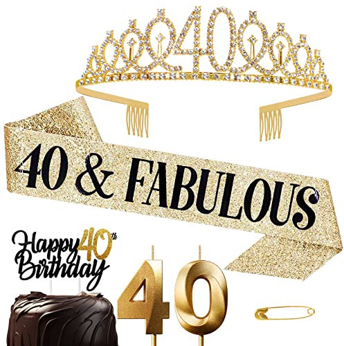 Jonvell 40. Geburtstag Schärpe und Tiara für Frauen - Gold Krone, Kerzen, Kuchen Topper - Geschenke und Deko für Geburtstagsparty