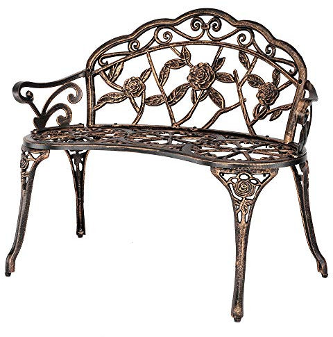 Outopee Metal Garden Bench, Antique Rose Style Outdoor Lounge Bench, Cast Iron Aluminum Outdoor Porch Park Seat for Lawn, Front Porch, Path, Antique Bronze