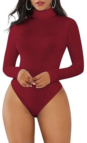 Joyshaper Body Donna Maniche Lunghe Collo Alto Elegant Bodysuit Tops Maglia Dolcevita T-shirt Aderente Tuta Tinta Unita, Bordeaux, M