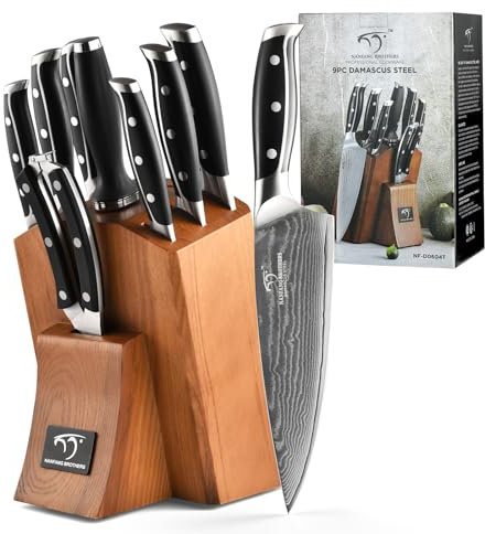 NANFANG BROTHERS Knife Set with Damascus Steel and Block, 9 Pieces Knife Set for Kitchen Block Set
