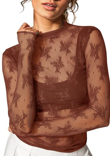 KTILG Mesh Long Sleeve Going Out Tops Y2k for Women Sexy See Through Sheer Lace Blouses High Neck Clubwear Brown L