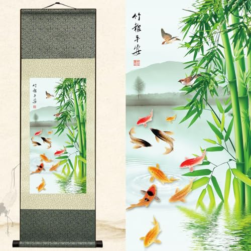 Newscz Arte da Parete Asiatica Decorazione Chinoiserie Dipinto su Pergamena di Seta Poster Artistico Bambù Porta Buone Notizie Arte Murale di Bambù per Soggiorno Casa Asiatica Decorazione Orientale