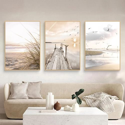 Uixxducc 3-teiliges Aesthetic Poster Set Natur Küstenstrand Seevogel-Szenerie Bilder Set Wandbilder Wohnzimmer, Beige Boho Pampasgras Bilder, Schlafzimmer Deko, ohne Rahmen (B,50x70cm)
