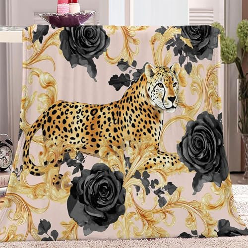 Decke Bedruckte Kuscheldecke Moderne Blumen Leopard Decke Flauschig Weich Flanell Fleecedecke, Junge Kuscheldecke 150 x 200 cm Flauschige Decke Geschenke für Jungs Sherpa Decke Gold Schwarz