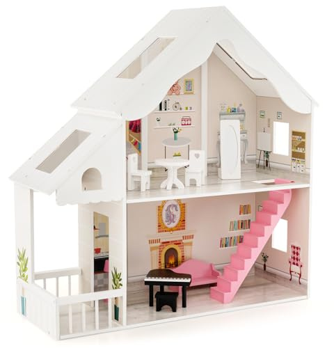 COSTWAY Maison de Poupée en Bois à 2 Etages avec 6 Pièces & 8 Meubles, Maison de Rêve avec Autocollants & Motifs Mignons, Jeu d’Imitation pour Enfants de 3 Ans+, 81 x 30 x 86 cm