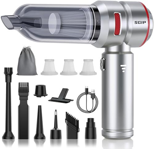 SGIP Handstaubsauger Akku, Autostaubsauger Kabellos Staubsauger, 20000pa 3-Gang Stark Mini Staubsauger für Büro Genutzt, Haus, Tierhaare, Auto, Camping(Silbrig-rot)