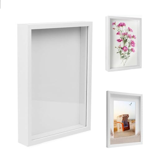 Cadre photo 3D à remplir, 21 x 29,7 cm, en bois profond, jusqu'à 3 cm, plus profond, à remplir pour des objets, fleurs, cadeau de mariage ou souvenirs, blanc