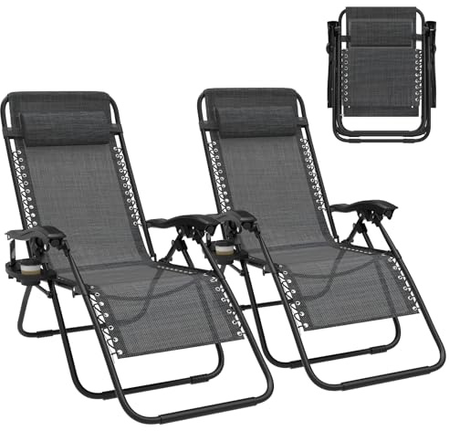 2er Set Klappbarer Liegestuhl, Gartenliege Extra Breit 64cm-Textilene-Relaxliege Verstellbar Rückenlehne mit Getränkehalter-Kissen, Faltbar Sonnenliege Outdoor Balkon Terrasse, bis 120kg, Schwarz