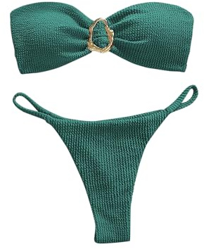 SHENHE Women's Strapless Brazilian Thong Bikini Set Metal Ring 2 Piece Bandeau Tube Swimsuits Green Small
