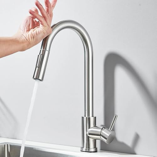 Brushed Nickel Touch Sensor Kitchen Faucet - Pull-Out 360° Rotating Mixer Tap with Sensitive Touch Control for Easy Use and Modern Design
