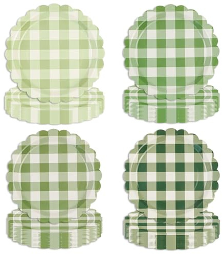 EVYIENEN Lot de 48 assiettes en carton festonnées vert sauge – 17,8 cm – Assiettes de fête à carreaux vichy jetables décoratives pour fête prénatale, mariage, anniversaire, 4 couleurs