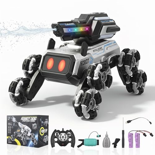 LIFEJXWEN Perro Robot Juguete con Función Lanzador de Agua, Mando a Distancia 2.4G y Control por Gestos, 8 Ruedas Mecanum, Luces LED, Acrobacias 360°, Regalo para Niños y Niñas a Partir de 6 Años