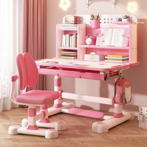 Autrfso Ergonomiskt set för barn, skrivbord och stol, höjdjusterbart barns studieskrivbord med lutningsbar skrivbord, bokhylla, låda, funktionellt barnskrivbord för sovrum eller studierum (rosa)