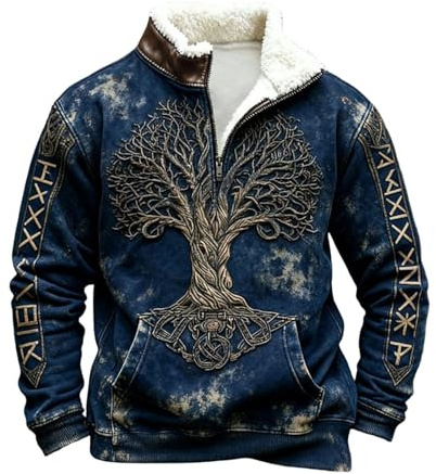 Jersey genérico para hombre 3D de punto vikingo mitología nórdica sudadera con capucha para Navidad, forro polar interior de terciopelo, forro Sherpa chaqueta vikingo guerrero, sudadera Cosplay Europa