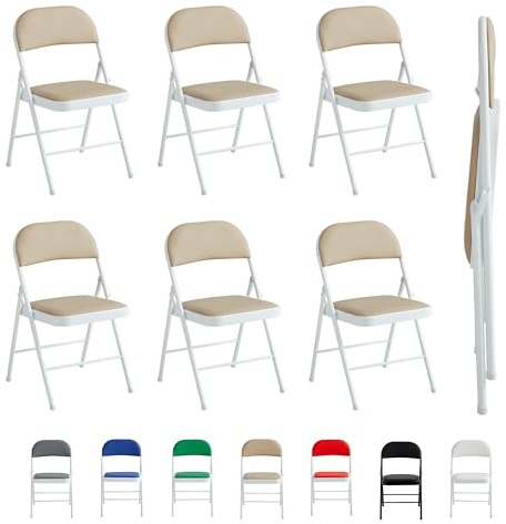 mcc direct Folding Chairs, Faux Leather Foldable Chairs with Metal Frame and Padded Seat, Easy to Fold and Store for Home, Office, Dining and Reception Set of 6 (Beige)