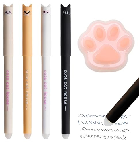 CEJAS 4 Pièces Stylo Effacables, Kawaii Dessin Animé Chat Gel Stylo Effacables avec Gomme de Pattes de Chat, pour Bureau, Papeterie pour Etudiants, Encre Thermosensible, Pointe 0.5 mm, Bleu