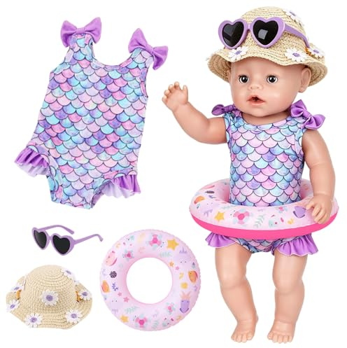 4 Pcs Swimming Baby Doll Clothes for 14-17 inch Swimming Doll, Swimsuits with Purple Mermaid Bikini, Swimming Ring, Sunglasses, Daisy straw hat for 35-45 cm Newborn Baby Dolls Kids Birthday Gift