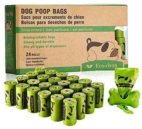 ECO-CLEAN Dog Poop Bags, 24 Rolls/360 Bags with Dispenser, Dog Waste Bags, Unscented, Leak-Proof, Easy Tear-Off
