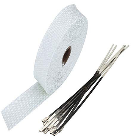 ETOPARS 2.5CM X 5M Cinta de Escape Blanco Cinta Anticalorica Aislante Térmica Tubos Escapes Protección contra el Calor Motocicleta con 6 Bridas