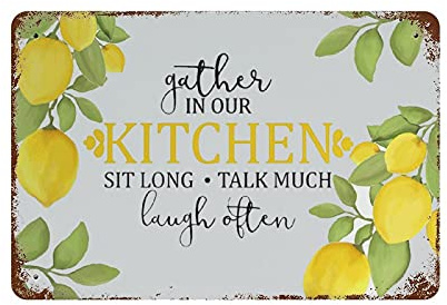 JPKIROZR retro Yellow Lemons Gathered in Our Kitchen tin sign metal poster ​wall plaque decoration bar cafe home garage cave club garden Funny Decor art, White, 7.9x11.8 inches