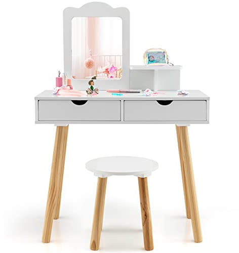 Maxmass 2-in-1 Kids Vanity Table and Stool, Wooden Children Dressing Table Set with Detachable Mirror, 2 Drawers and Open shelf, Princess Makeup Dresser Desk for Girls (White)