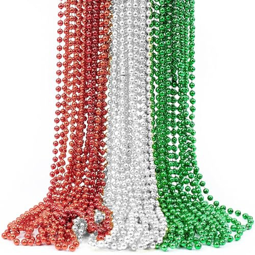 SEAHUI 3pcs 10m Christmas Beads Chain Shimmer Silver Green Red Curtain String Garland Backdrop Props for Wedding Birthday Xmas Party Door Tree Decoration