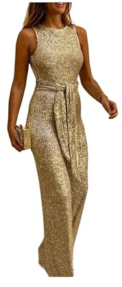 KWTF Jumpsuit Women Summer Fashion Glitter Round Neck Sleeveless Sexy Backless Sequins Skinny Long Party Jumpsuit with Belt