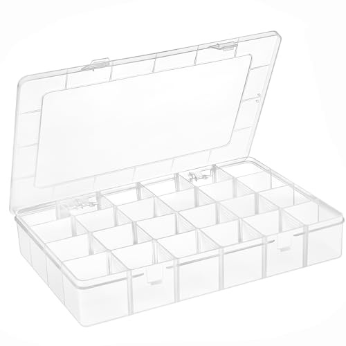 YBhuoo Large 24 Grids Clear Plastic Jewelry Organizer Box with Adjustable Dividers, Craft Organizers and Storage, Compartment Storage Box for Jewelry, Beads, Fishing Tackle, Art, DIY Crafts, Tools