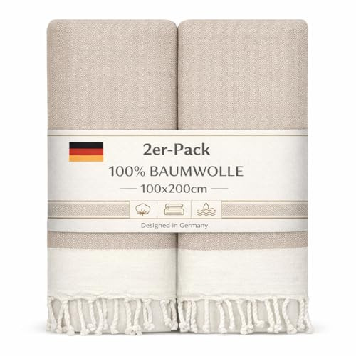 NOUR Telo mare per hammam, confezione da 2 pezzi, grande, 100 x 200 cm, in 100% cotone, coperta da picnic, asciugamano da sauna, extra leggero, assorbente, ad asciugatura rapida, senza sabbia (beige)