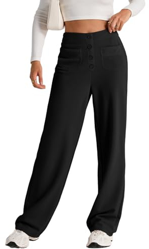 EVALESS Womens High Waist Button Stretchy Work Pants Straight Leg Office Ladies Dress Pant Business Casual Trousers Knit Comfy Loose Travel Slacks Trendy 2025 Yoga Womens Pants with Pocket Black Small