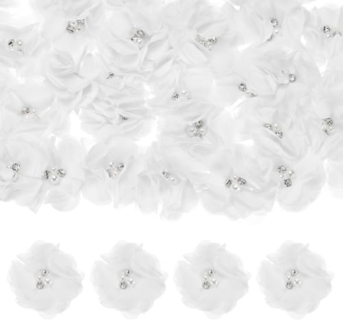 M METERXITY 15-Pack Rhinestone Pearl Chiffon Flowers 2.17 x 2.17 Inch Mesh Fabric Flowers Full Chiffon Flowers Hair Clips Flower for Home Decor/Wedding/Headbands/DIY/Party/Garden [White]