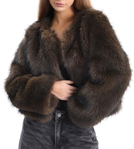 Amazhiyu Women Faux Fur Coat with Pocket, Winter Crewnec Open Front Jacket Brown L