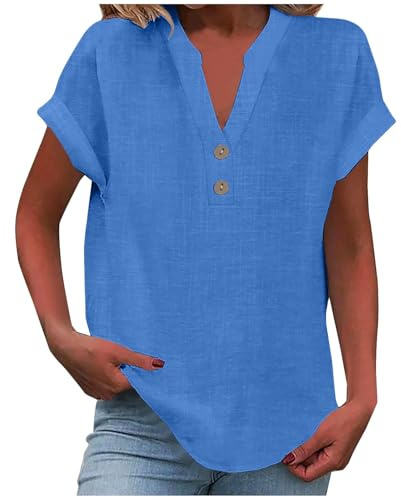 KOG Damen Shirts Vintage Leinenshirt Bluse Basic Kurzarm Tee Shirt Teenager Mädchen Bekleidung Slim Fit Leinenbluse Oberteil Rundhals Fashion Blau M