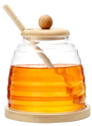 APOMOONS Honey Jar with Dipper and Lid, 300ml Glass Honey Pot with Dipper Set, Glass Honey Containers for Storing and Dispensing Honey