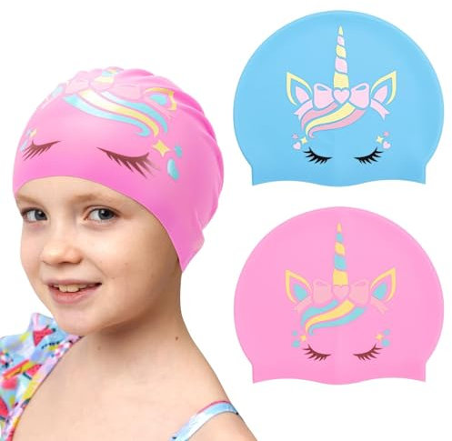 Badekappe Kinder 2-10 Jahren, 2 Stück Badekappe Mädchen Lange Haare, Silikon wasserdichte Schwimmhaube