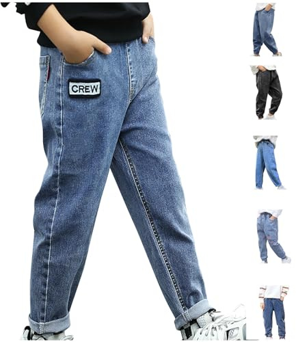 KODMNSW Jungen Jeans Sommer Hosen Jungen-Jeanshosen Freizeithose mit Tasche Baggy Pants Vintage Hose Outdoorhose Hip Hop Streetwear Arbeitshose Kinder Gr.100-160 Blau 150