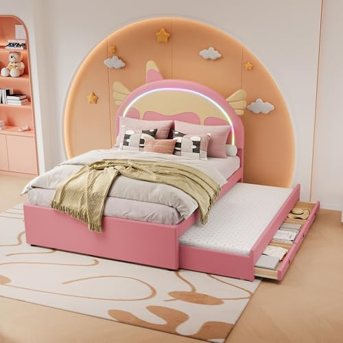 Crlnaup 140 x 200 cm Cuna de dibujos animados, forma de unicornio, equipada con cama enrollable extraíble, material de poliuretano, color rosa