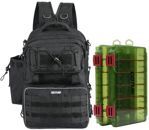 Goture Mochila de pesca con 2 cajas de cebo para pesca, mochila con soporte para caña, bolsa para pesca de agua salada y agua dulce, Estilo B negro con 2 cajas de cebo, Mochila