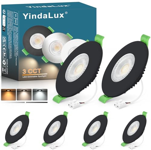 YindaLux Infälld LED-spotlight 7 W, 700 LM, takspotlight, IP65, badrumspotlight, varmvit, 2 700K, neutral vit, 4 000K, justerbar kall vit, 6 000 K, hål Φ 60 – 75 mm, AC220–240 V, set med 6 st, svart