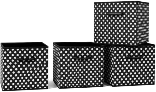 Collapsible Fabric Storage Cubes, Pack of 4 Foldable Boxes with Handles | Black Polka Dot 27 x 27 x 27 cm | Non-Woven Fabric | Open-Top Cube Shelf Baskets For Wardrobes, Toys, Clothes & Nursery