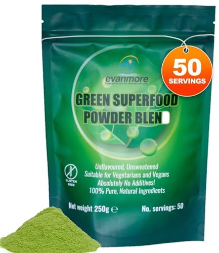 Super Greens Powder Blend - Vitamin Mineral Nutrient Rich - Immune System & Energy Boost - Vegan Vegetarian Superfoods Supplement Alkaline Fullly Natural Gluten Free Detox- 250g 50 Servings, Evanmore