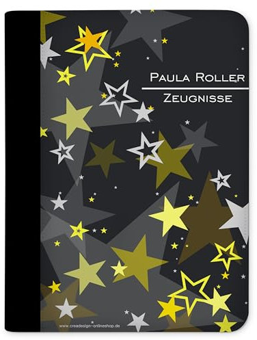 CreaDesign Customize A4 Zeugnismappe für Kinder - 26.7 x 32.7 x 1 cm, erweiterbar auf bis zu 20 Fächer, Sichtbuch ohne Klarsichthüllen, Sterne Gelb Design, Dokumentenmappe für Schüler