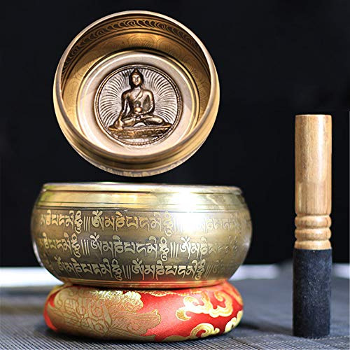 Gandhanra tibetansk sjungskål set, snidad med Amitayus Buddha-staty och Mentra från Om Mane Padme Hum, för ljudläkning, meditation, yoga, avkoppling, chakra-balans, handgjord i Nepal (16,5 cm)