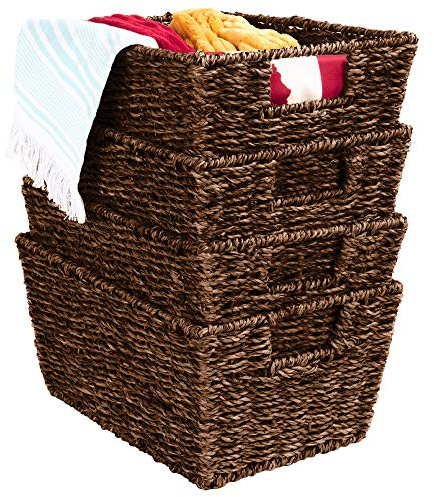 Best Choice Products Rustic Set Of 4 Multipurpose Stackable Seagrass Storage Basket, Handwoven Laundry Organizer Totes for Bedroom and Living Room, Shelves, Pantry w/Insert Handles - Brown