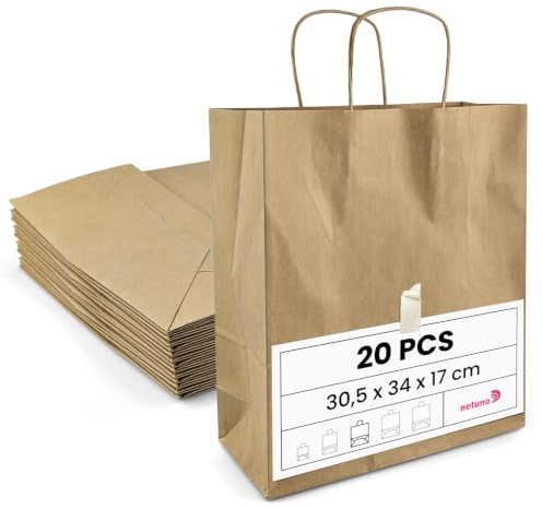Netuno 20 bruna papperspåsar med handtag 30,5 x 34 x 17 cm pappersbärkasse med handtag presentpåse kraftpapperspåse shoppingväska av kraftpapper shoppingpåse papperspåsar presentpåse