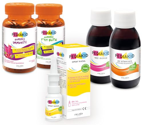 PEDIAKID - Pack Enfants Automne/Hiver - PEDIAKID Sirop Nez-Gorge + PEDIAKID 22 Vitamines & Oligo-éléments + PEDIAKID spray Nez-Gorge + PEDIAKID gommes immunité + PEDIAKID gommes P'tit Biotic