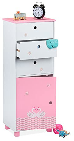 Relaxdays Kommode Kinder, Schwanenherz-Design, 3 Schubladen & Türfach, Kinderzimmerschrank, HBT 105x42x30 cm, weiß/rosa