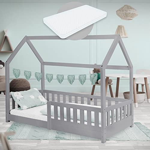 ML-Design Barnsäng 80x160 cm ljusgrå med madrass, fallskydd, tak och lamellram, leksäng i massivt trä, hussäng för tjejer/killar, sänghus i furu, ungdomssäng barnhus träsäng