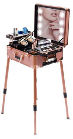Valise Rolling Maquillage avec LED Miroir Éclairé Professionnel Hauteur réglable Aluminium Coffre À Maquillage et Bluetooth Valise De Maquillage Trolley pour Maquilleur，Esthéticiennes